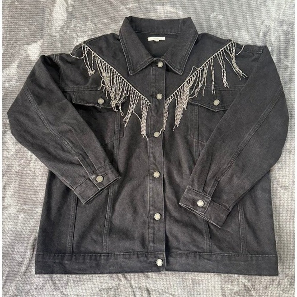 Veveret Black Denim Rhinestone Fringe Jacket Womens Large Western Glam Trucker‎